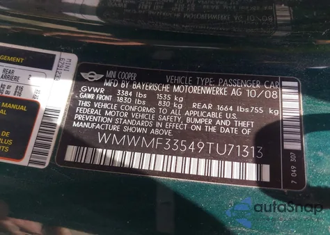 2009 Mini Cooper из США, поврежденный, VIN WMWMF33549TU71313